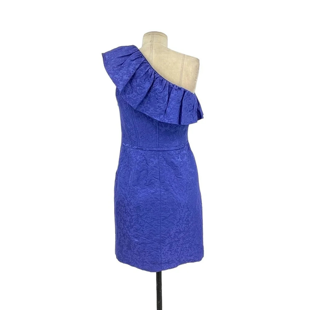 Shoshanna Ruffle One Shoulder Jacquard Textured Dress Blue‎ Size 4 - Picture 5 of 8